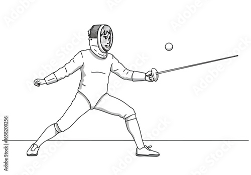 Fencer lunges with foil on white background, practicing, use in illustrations