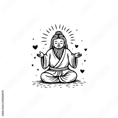 Meditating guru radiates love, serene presence radiates tranquility through meditation posture and expression, a symbol of inner peace