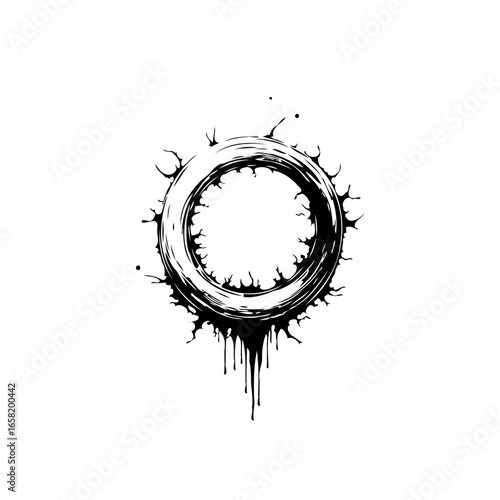Grunge circle artistic design and pattern representing a chaotic artistic visual element with dripping liquid