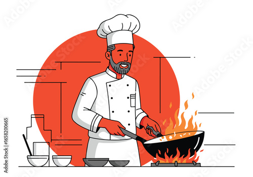 Chef stirs wok on stove with orange backdrop, preparing meal for illustration or print
