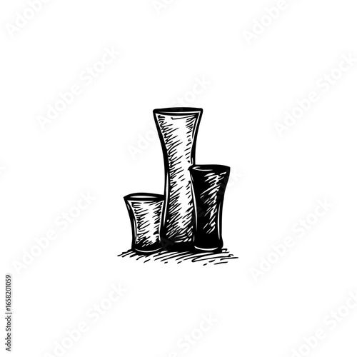 Artistic ink drawing with three unique vases illustration showcasing hand craftsmanship design in classic style