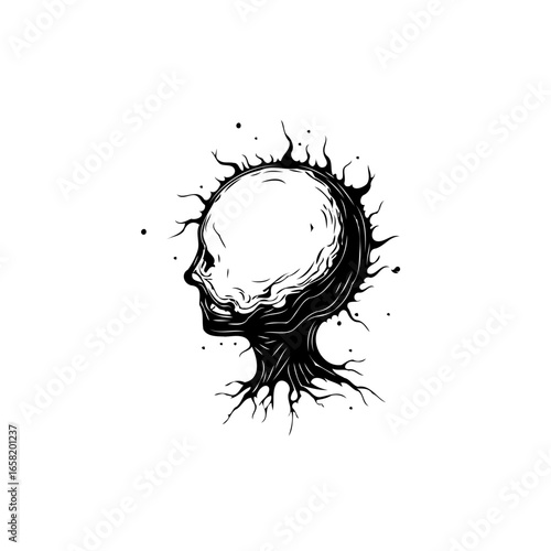 Haunting portrayal of mental decay: abstract skull and root system symbolizing internal turmoil and emotional struggle