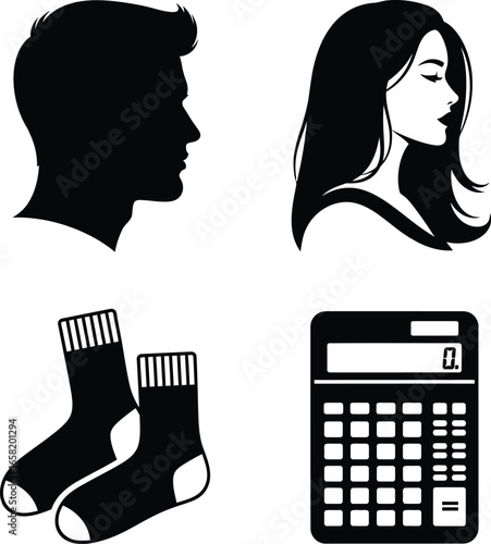 Mixed Icon Set Featuring Male and Female Silhouettes, Pair of Socks, and Calculator Displaying "0" — Black and White Vector Representing Identity, Apparel, and Basic Calculation Tools
