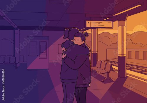 Two friends hugging at a train station as a train comes in the background