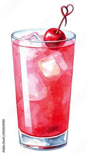 Watercolor Illustration of Dirty Shirley Cocktail with Cherries and Ice