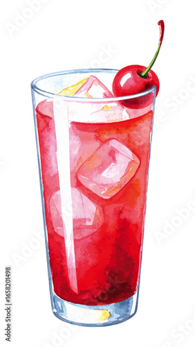 Watercolor Illustration of Dirty Shirley Cocktail with Cherries and Ice