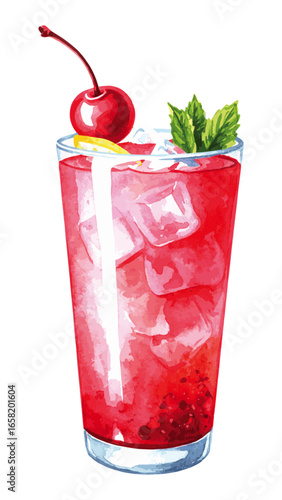 Watercolor Illustration of Dirty Shirley Cocktail with Cherries and Ice