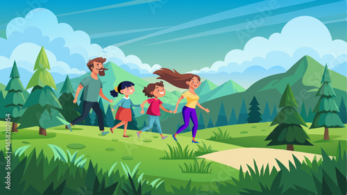 forest, summer, nature, family, father, mother, daughter, son, trees, grass, mountains, sky, clouds, bushes, joy, fun, rest, vector graphics, panoramic view, banner, positive