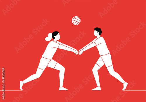 Minimalist volleyball team bumps a ball against a solid background; poster or web use