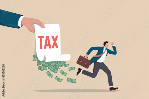 Businessman flees from overwhelming tax burden clutching briefcase and seeking escape from financial obligations.