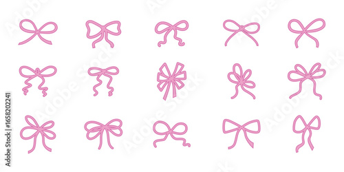 Pink coquette cute bows with ribbons set. Hand drawn vector stock illustration isolated on white background for design template card, decoration, invitation for wedding, birthday party, Christmas