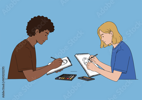 Two people drawing portraits in sketchbooks, on a blue surface, for art education