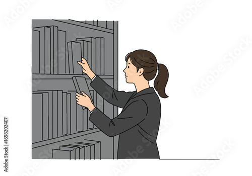 Lawyer with books on shelves picks volume in a library. Legal advice