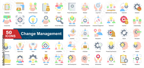 A collection of Change Management icons. Includes adaptation, teamwork, planning, strategy, employee engagement, and more. Ideal for business illustrations and presentations.