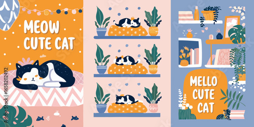 Adorable Cats Sleeping on Shelves with Plants