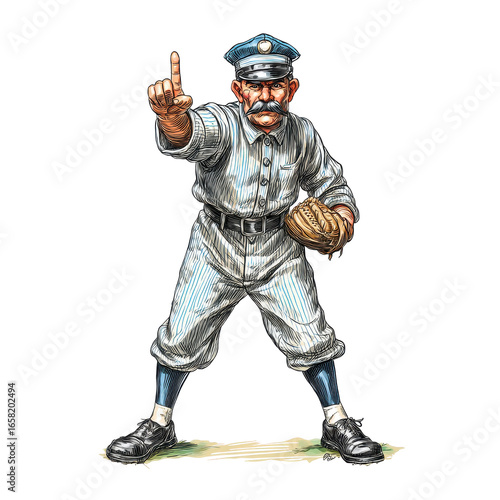 Vintage baseball player in striped uniform pointing with glove sport 19th century