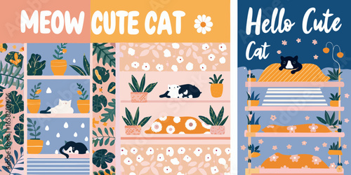 Cute Cats and Plants on Shelves Illustration
