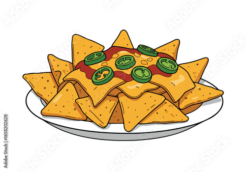Jalapeno & cheese-covered nachos sitting on a plate in a blank background. Use Menu