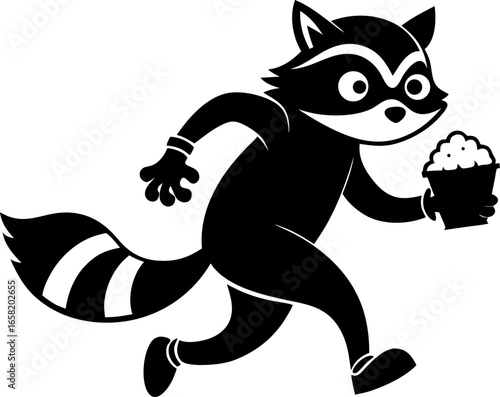Raccoon thief running with popcorn silhouette  vector black , white background 