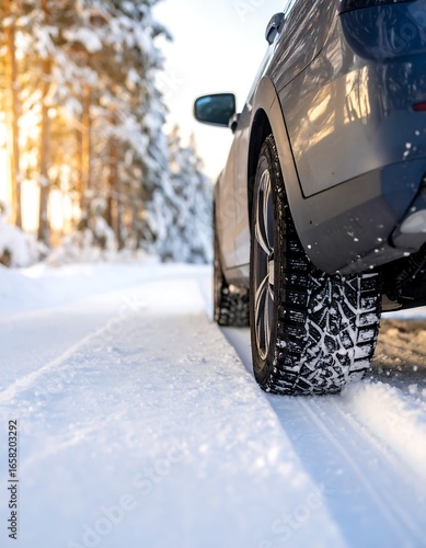 SUV driving on snowy forest road
