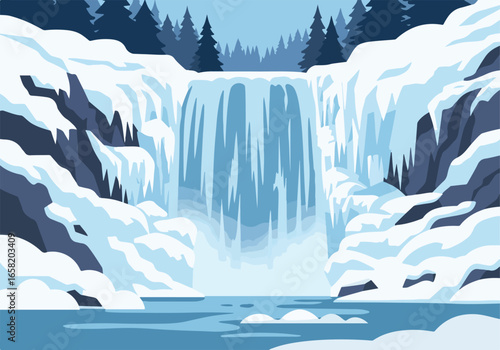 Waterfall flows into pool, snowy mountains and pine trees background.  For travel posters