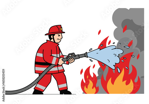 Firefighter sprays water on flames; smoke billowing behind, for safety awareness