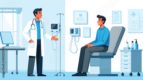 Vector illustration of a physician consulting with a young man in a modern medical examination room. Healthcare and medicine concept.