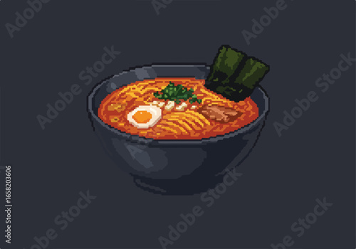 Pixel art ramen in black bowl, on dark background for game or nostalgic design