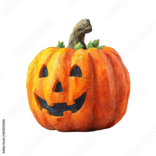 Watercolor Jackolantern Halloweens luminous smile on black.