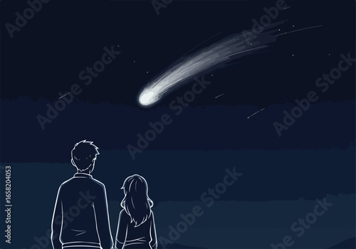 Couple observing a comet in the night sky, stars visible. Romantic illustration