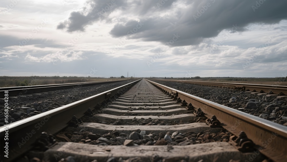 Fototapeta premium Railway Tracks Stretching into the Horizon Under a Cloudy Sky