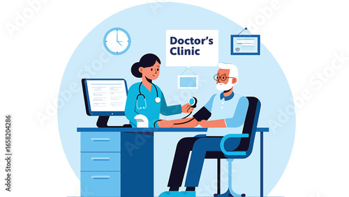 Professional Healthcare Check-up Detailed Vector Illustration of a Doctor Monitoring a Senior Patient's Blood Pressure in a Modern Clinic Setting