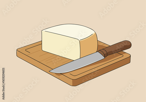 Still life of Cheese and Knife on Wood Board; Use in Culinary Content