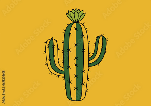 Saguaro cactus in bloom stands on yellow. Print, decoration or web use