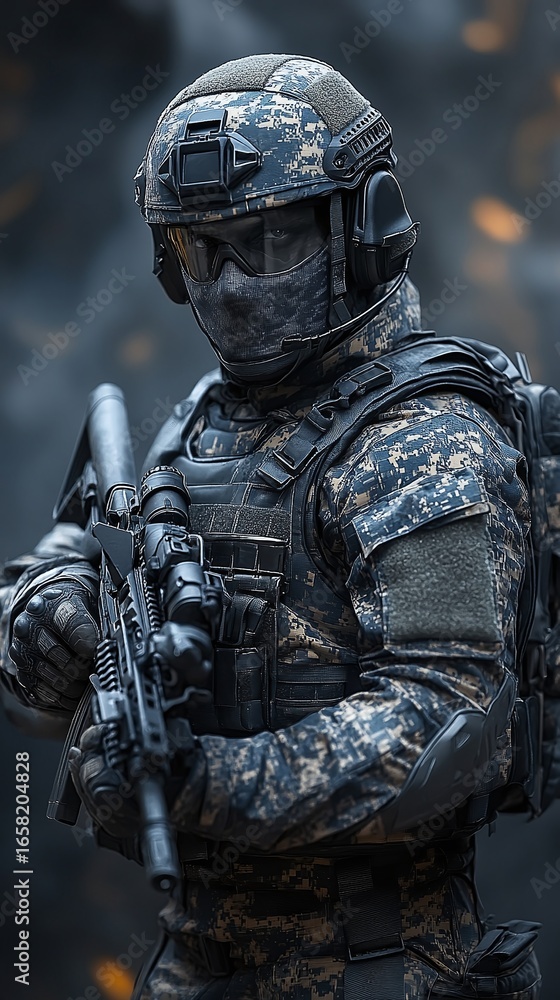 Naklejka premium Close-up of a soldier in camouflage uniform holding a rifle.