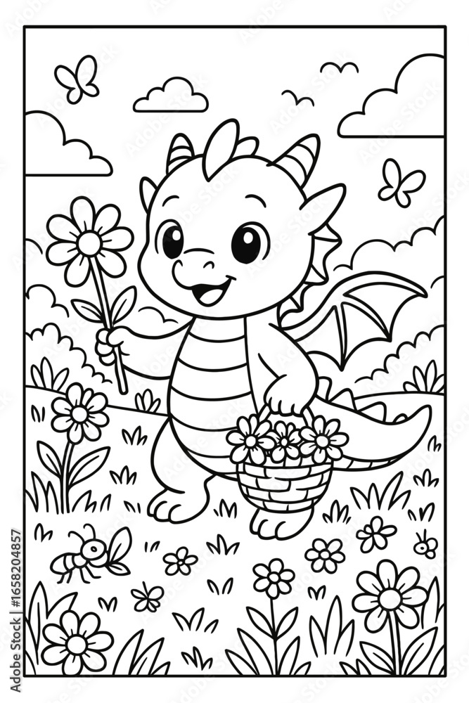 Fototapeta premium Dragon harvesting flowers line art black bold coloring page