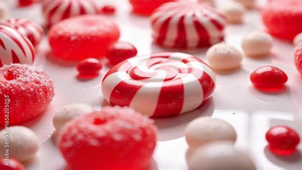 A close up of red and white peppermint candies and a lollipop on a white surface in soft lighting