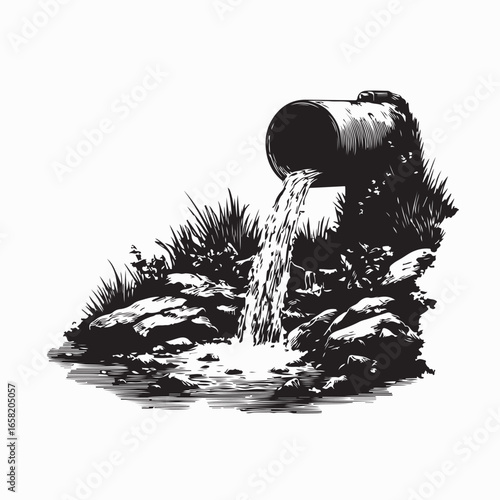 Vector illustration of water flowing from metal pipe into rocky stream or riverbed