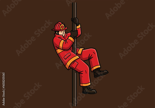 Cartoon firefighter slides down a pole; emergency response illustration