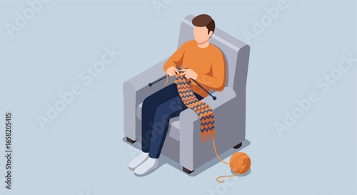 Flat vector illustration of a person knitting on a couch, simple background