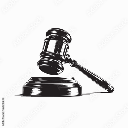 Vector illustration of wooden judge’s gavel on sound block representing justice and law