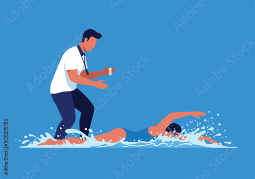 Swimmer practices crawl stroke as coach times in a pool. Training illustration