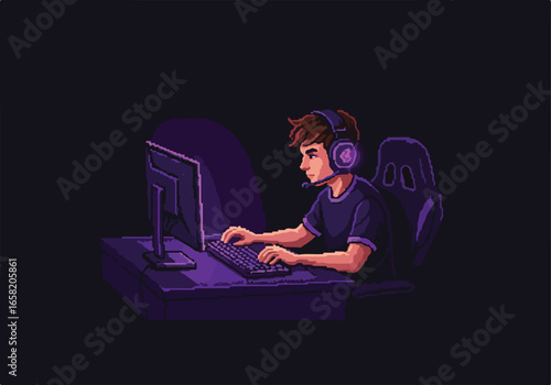 Pixel Person Playing a Game in Dark Room in Front of Computer and Chair