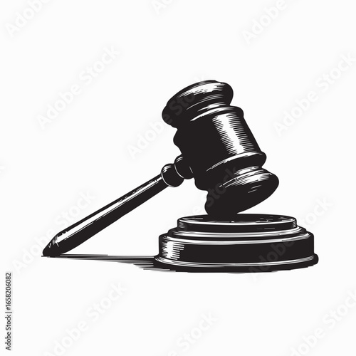 Vector illustration of wooden judge’s gavel on sound block representing justice and law