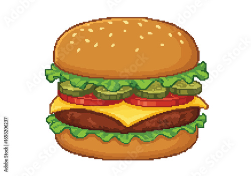 Pixel Art Style burger on white for game background assets and menus, isolated