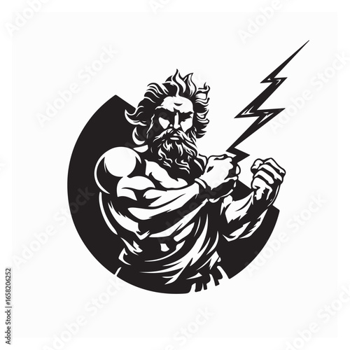 Vector illustration of Zeus, Greek god of thunder, holding lightning bolt in hand