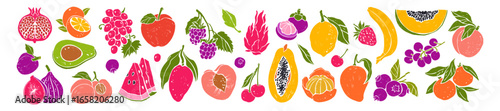 Summer fruit print, vector hand drawn berries illustration set exotic tropical cartoon graphic stamp. Organic nature colorful pencil texture food citrus collection, fresh juicy clipart. Summer fruit