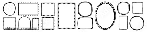 Doodle line frame set, scribble hand drawn border collection, wavy cute minimal decor, square boxes. Trendy simple geometric shape graphic, ornate whimsical design object. Empty black ink doodle frame
