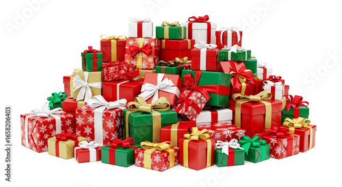 An enormous and colorful mountain of beautifully wrapped Christmas gifts in red green and gold awaits a festive holiday perfect for any grand gift-giving celebration