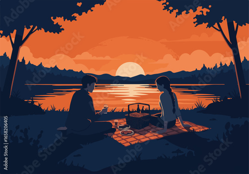 Couple picnic by lake at sunset. Romantic getaway concept, background landscape